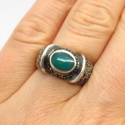 925 Sterling Silver Real Green Chalcedony & Marcasite Gem Ring Size 7