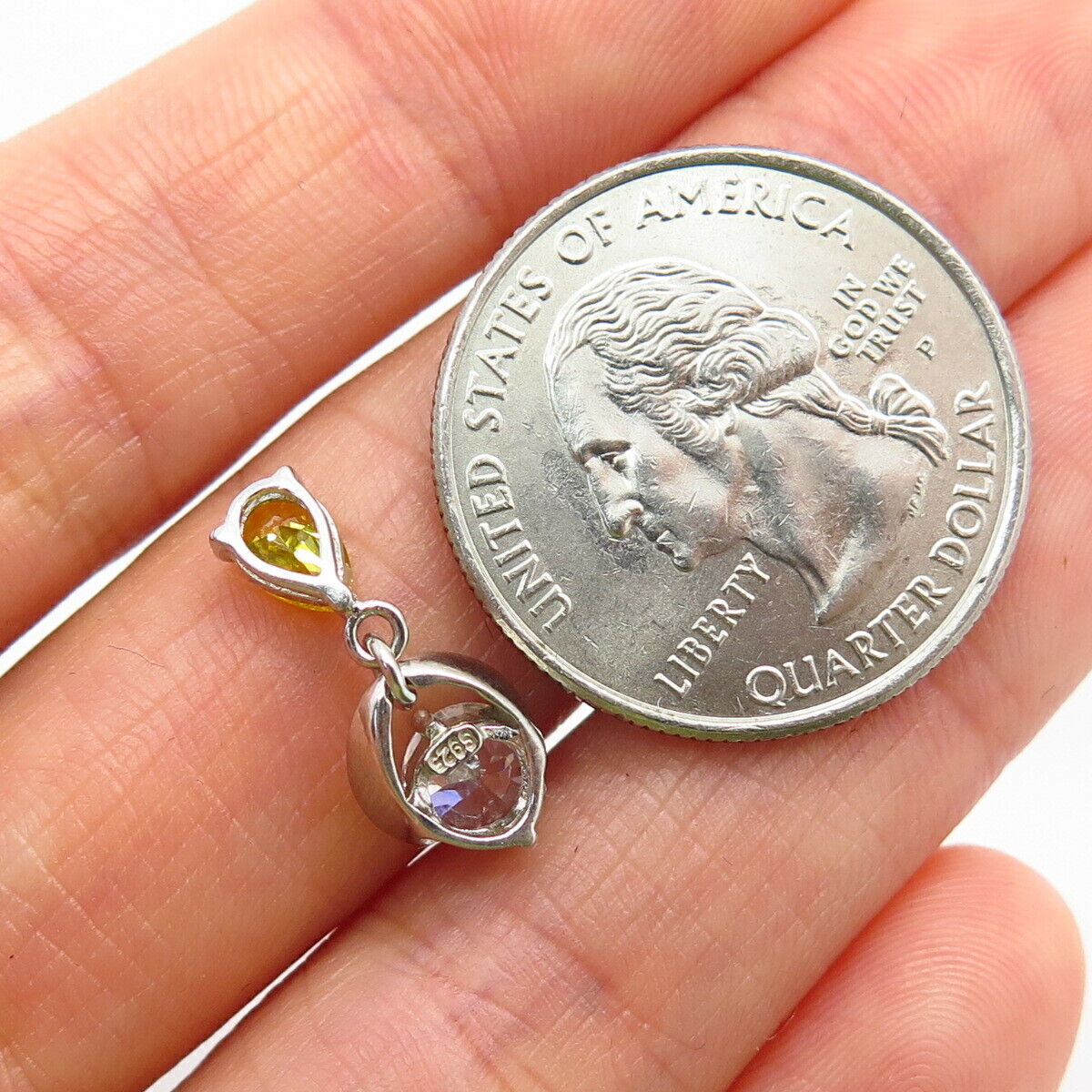 925 Sterling Silver White & Citrine-Tone C Z Teardrop Dandling Pendant