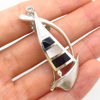 925 Sterling Black Onyx Gem C Z & Mother-of-Pearl Sailboat Pin Brooch / Pendant