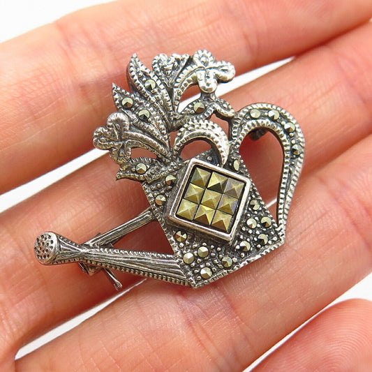 925 Sterling Silver Real Marcasite Gem Watering Can Design Pin Brooch / Pendant