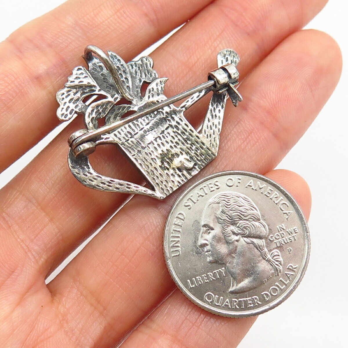 925 Sterling Silver Real Marcasite Gem Watering Can Design Pin Brooch / Pendant