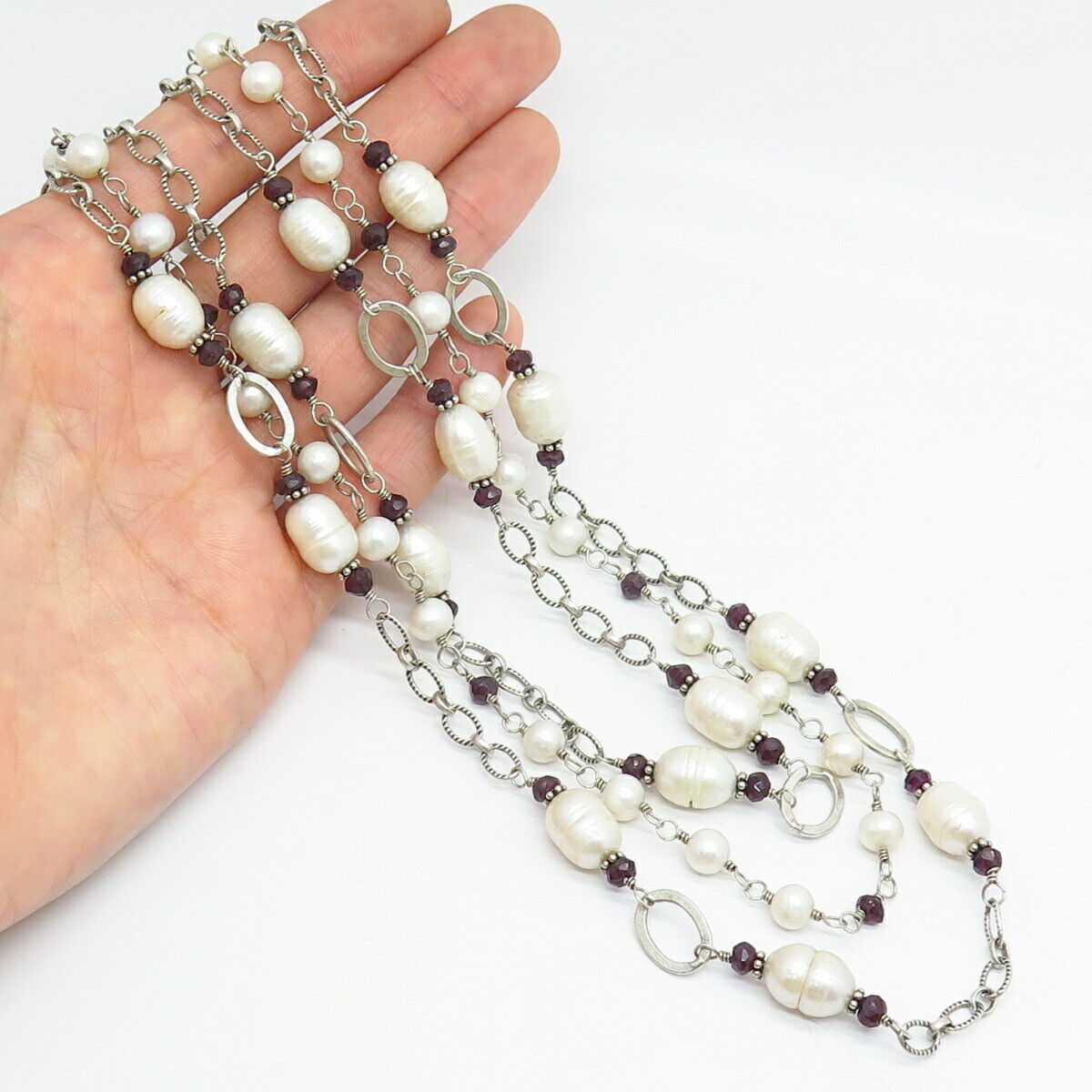 925 Sterling Baroque Pearl & Rhodolite Garnet Gem Triple Strand Necklace 16"