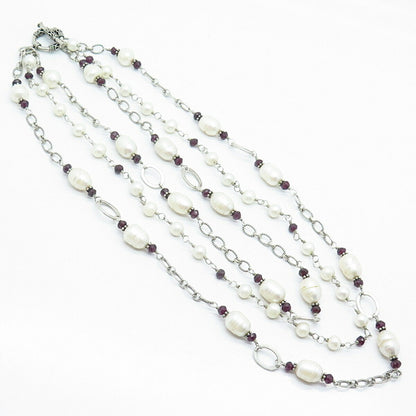 925 Sterling Baroque Pearl & Rhodolite Garnet Gem Triple Strand Necklace 16"