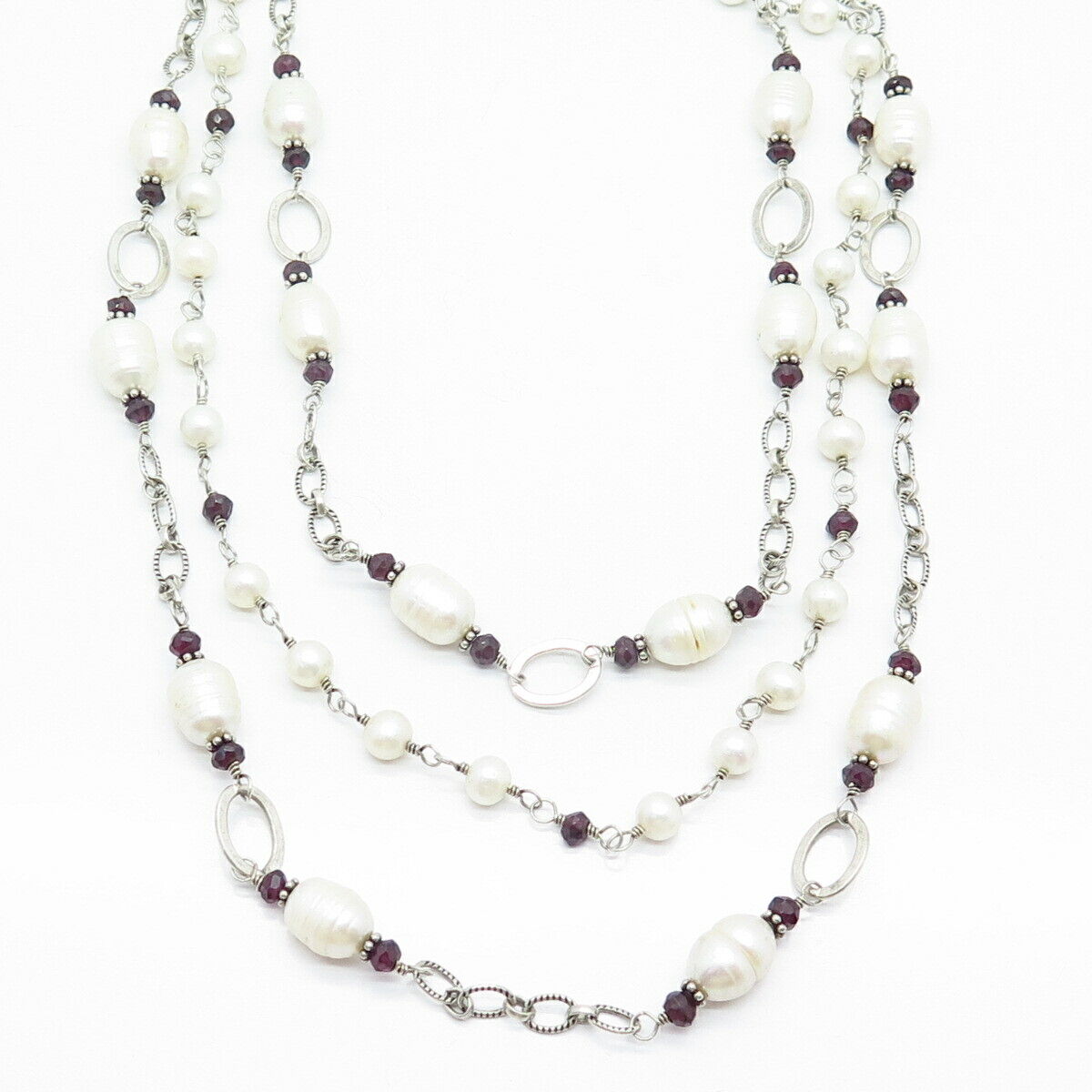 925 Sterling Baroque Pearl & Rhodolite Garnet Gem Triple Strand Necklace 16"