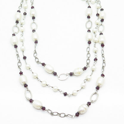 925 Sterling Baroque Pearl & Rhodolite Garnet Gem Triple Strand Necklace 16"