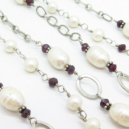 925 Sterling Baroque Pearl & Rhodolite Garnet Gem Triple Strand Necklace 16"