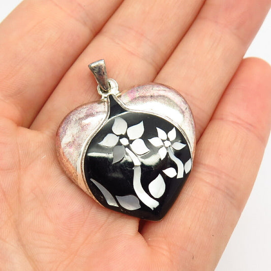 925 Sterling Silver Real Mother-of-Pearl & Enamel Floral Design Heart Pendant