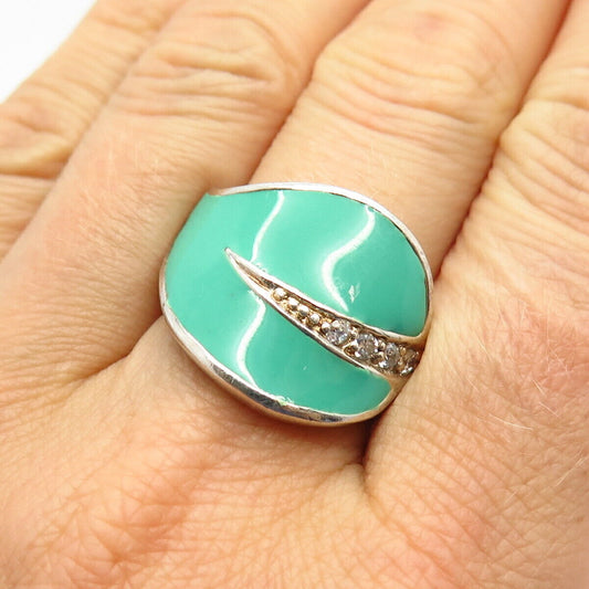 925 Sterling Silver C Z Enamel Leaf Design Wide Ring Size 8 3/4