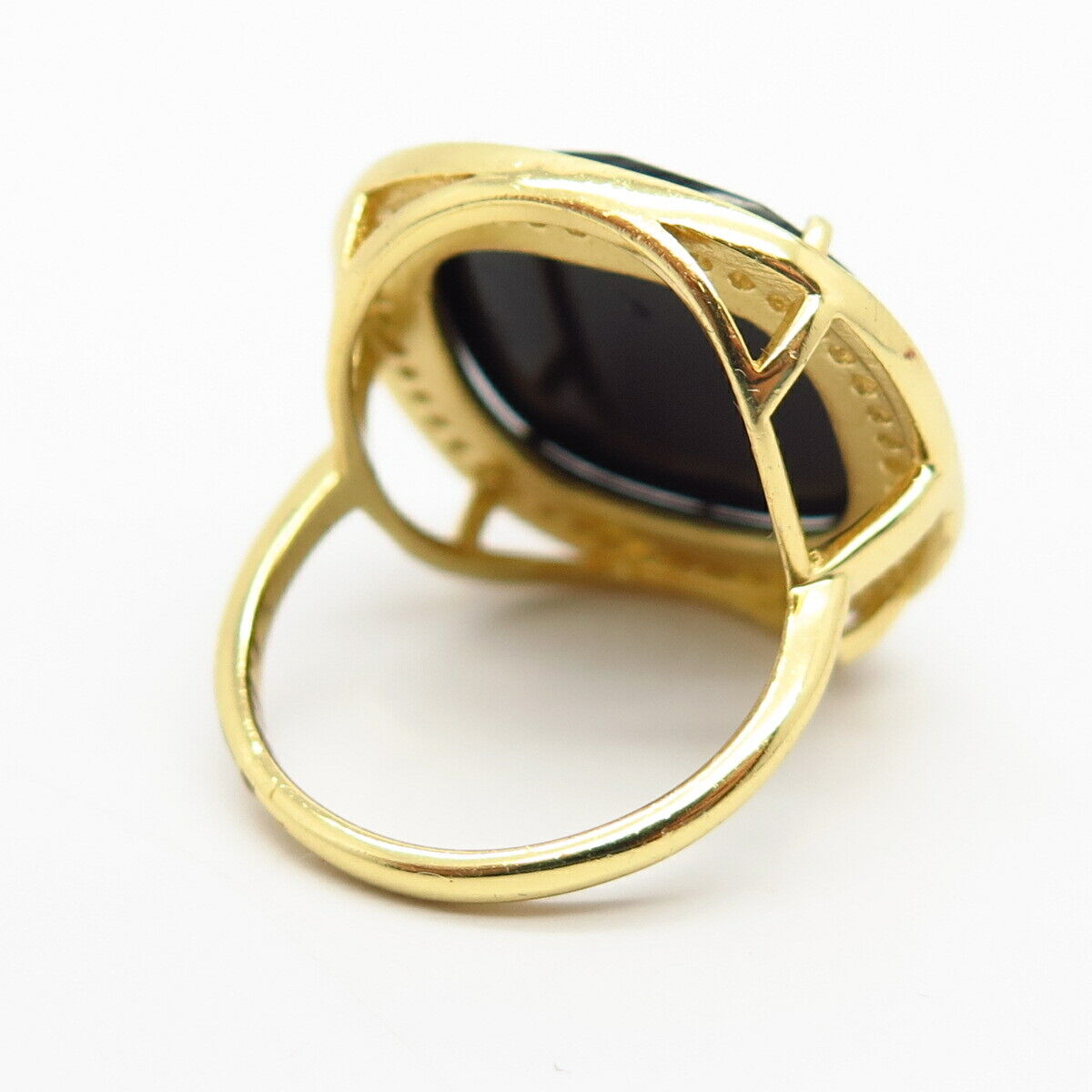 925 Sterling Silver Gold Plated Real Melanite Gem & C Z Ring Size 6