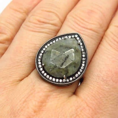 925 Sterling Silver Real Labradorite Gem & C Z Teardrop Design Ring Size 9 1/4