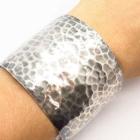 925 Sterling Silver Hammered Finish Wide Cuff Bracelet 7 3/4"