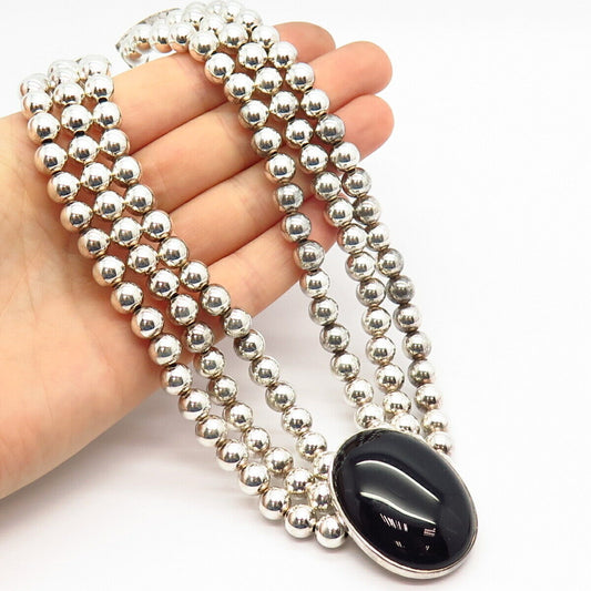 925 Sterling Silver Black Onyx Gem Beaded Triple-Strand Chain Necklace 13-17"