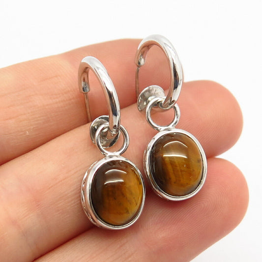 925 Sterling Silver Real Tiger Eye Gemstone Drop Earrings