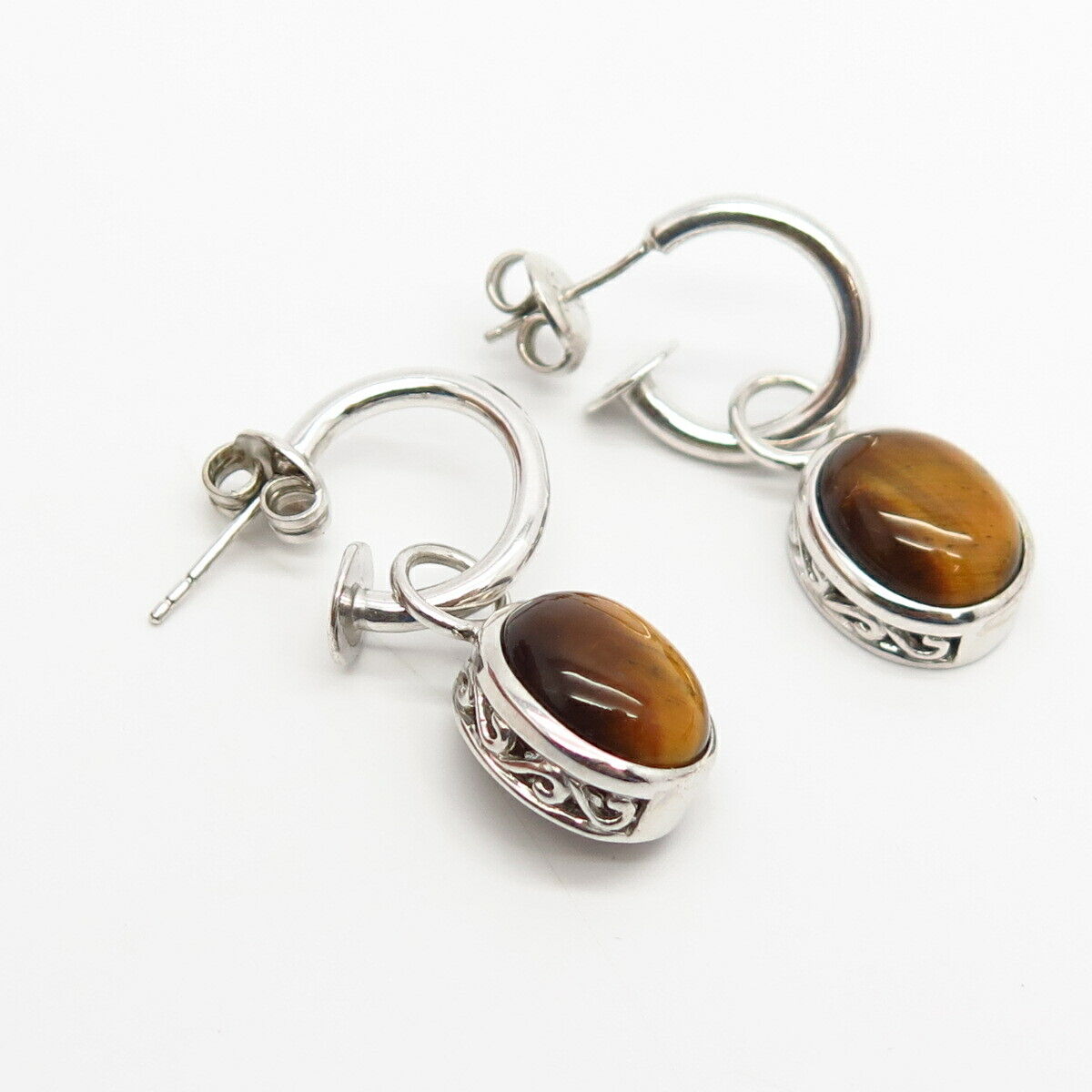 925 Sterling Silver Real Tiger Eye Gemstone Drop Earrings