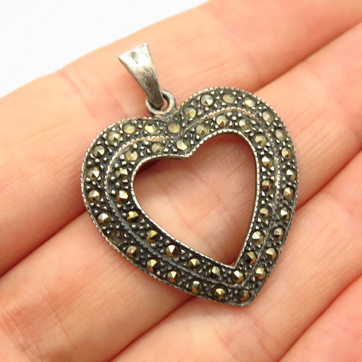 925 Sterling Silver Real Marcasite Gemstone Open Heart Pendant