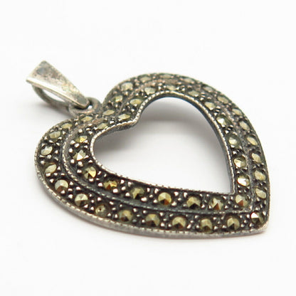 925 Sterling Silver Real Marcasite Gemstone Open Heart Pendant