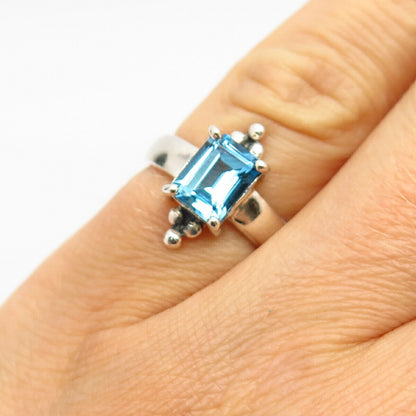 925 Sterling Silver Real Blue Topaz Gemstone Emerald-Cut Ring