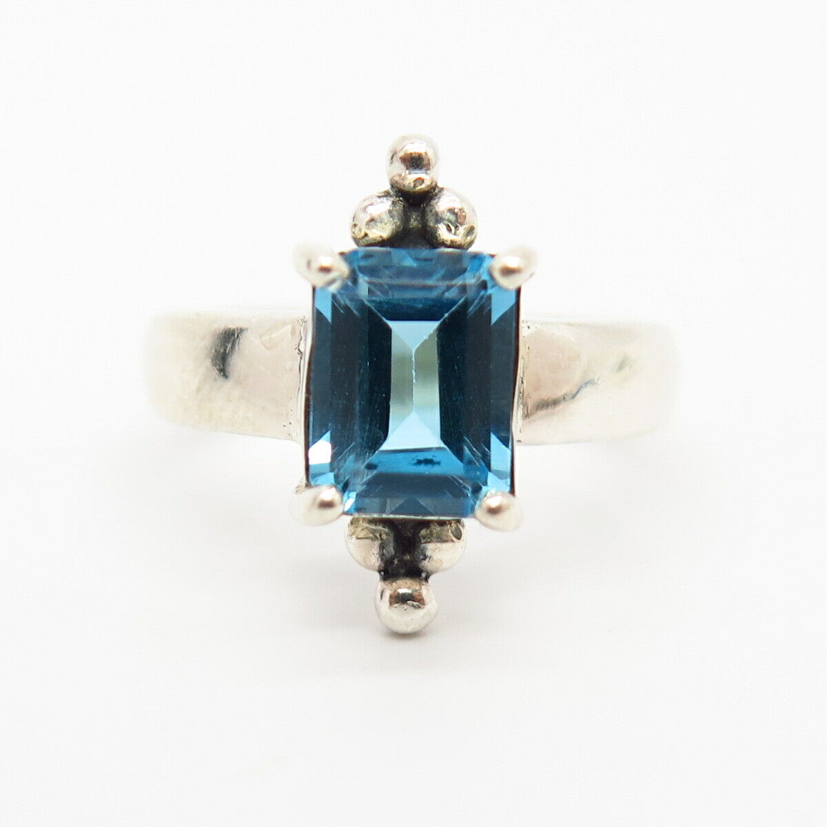 925 Sterling Silver Real Blue Topaz Gemstone Emerald-Cut Ring