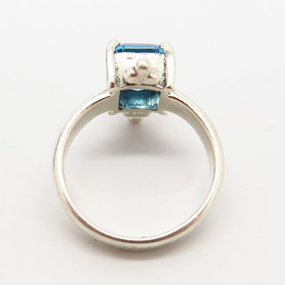 925 Sterling Silver Real Blue Topaz Gemstone Emerald-Cut Ring