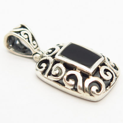 925 Sterling Silver Real Black Onyx Gem Ornate Design Pendant