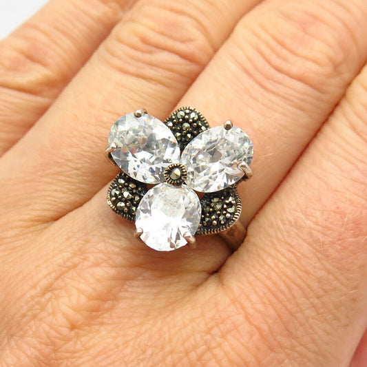 925 Sterling Silver Real Marcasite Gem & C Z Floral Design Ring Size 9