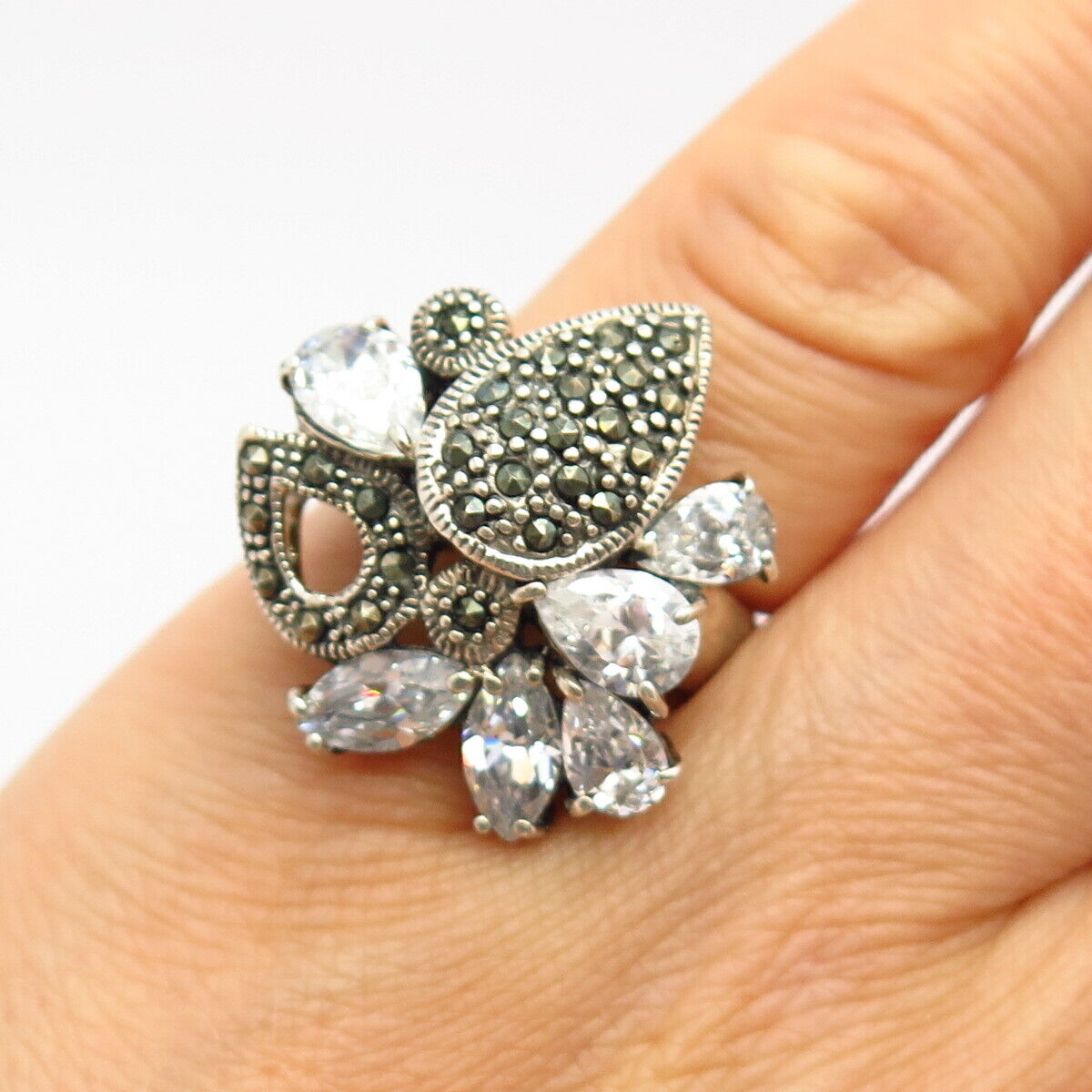 925 Sterling Silver Real Marcasite Gem & C Z Cutout Cluster Ring