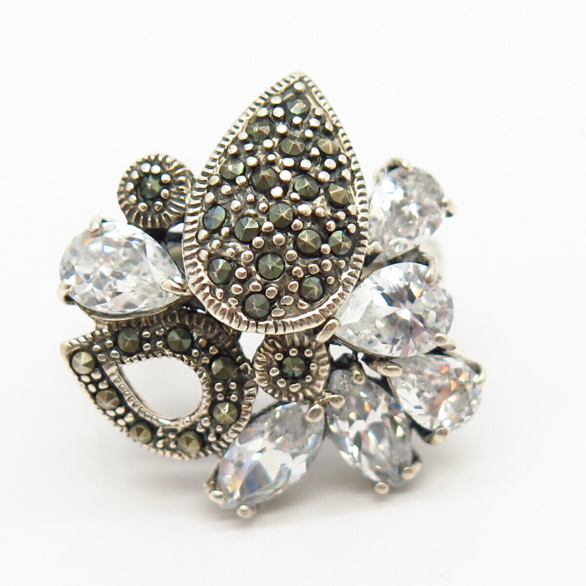 925 Sterling Silver Real Marcasite Gem & C Z Cutout Cluster Ring