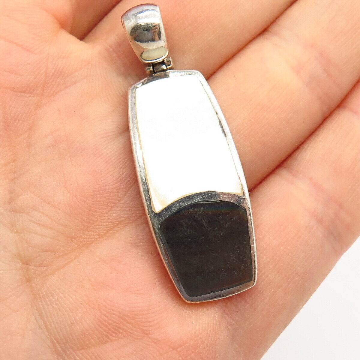 925 Sterling Silver Real White & Brown Mother-of-Pearl Slide Pendant