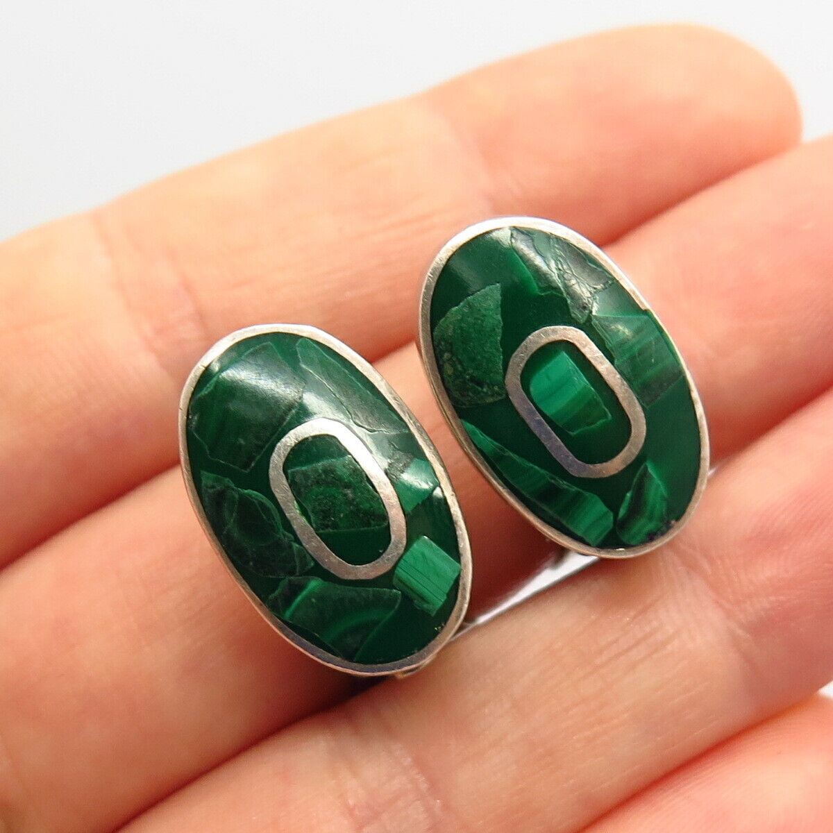 925 Sterling Silver Vintage Mexico Real Malachite Inlay Enamel Clip On Earrings