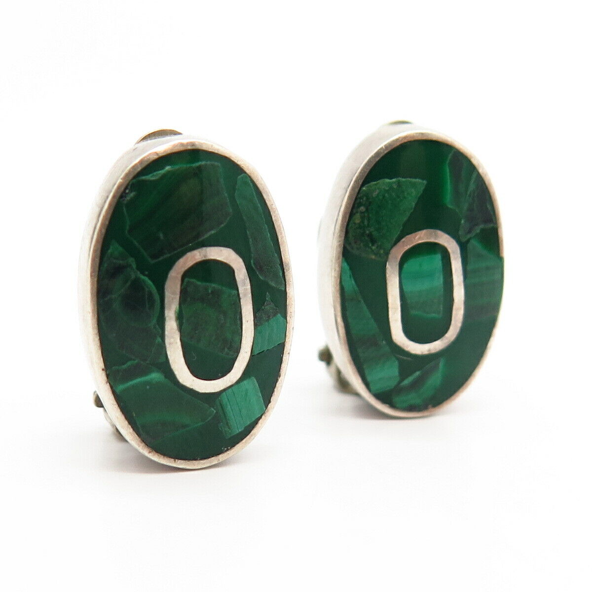 925 Sterling Silver Vintage Mexico Real Malachite Inlay Enamel Clip On Earrings