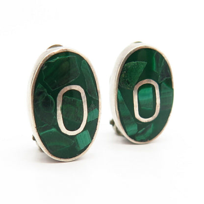 925 Sterling Silver Vintage Mexico Real Malachite Inlay Enamel Clip On Earrings