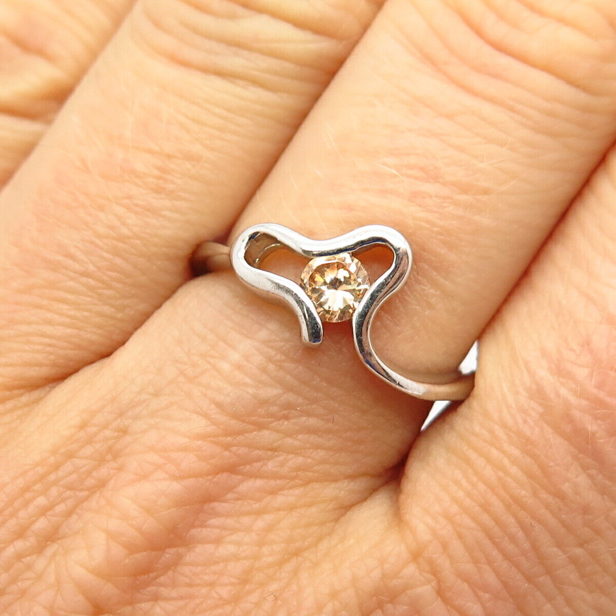 925 Sterling Silver Champagne-Tone C Z Abstract Heart Design Ring