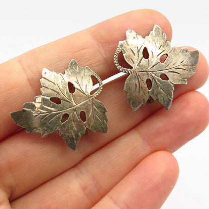 925 Sterling Silver Vintage Grape Leaf Design Screw Back Earrings