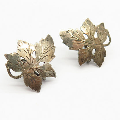 925 Sterling Silver Vintage Grape Leaf Design Screw Back Earrings