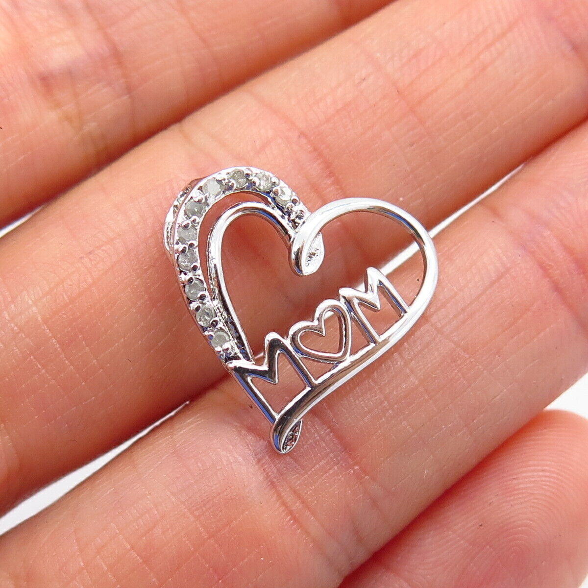 925 Sterling Silver C Z "Mom" Open Heart Design Slide Pendant