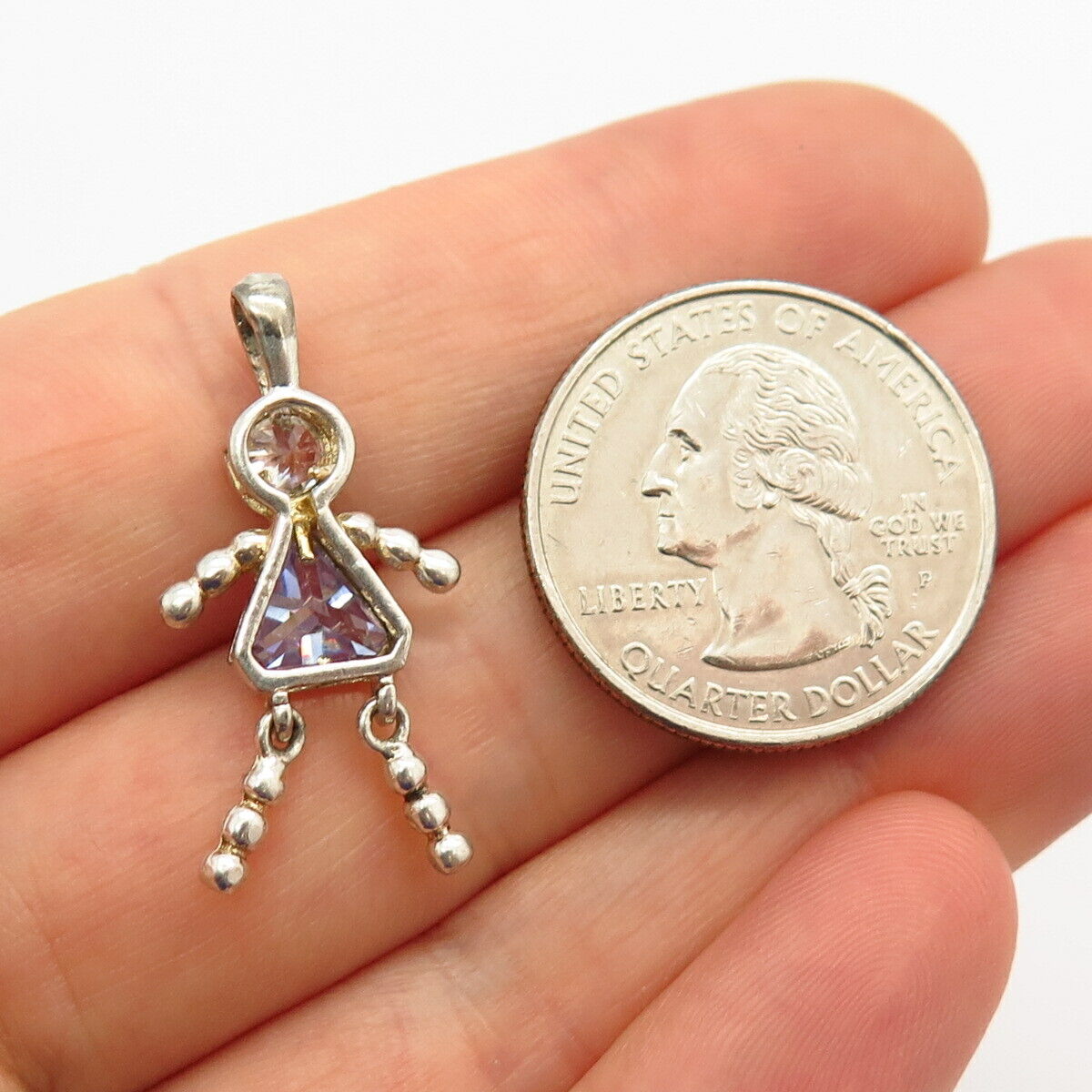 925 Sterling Silver White & Amethyst-Tone C Z Articulated Girl Slide Pendant