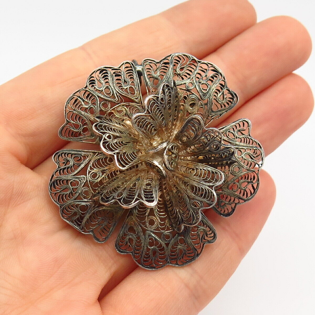 900 Silver Vintage Filigree Floral Design Pin Brooch / Pendant