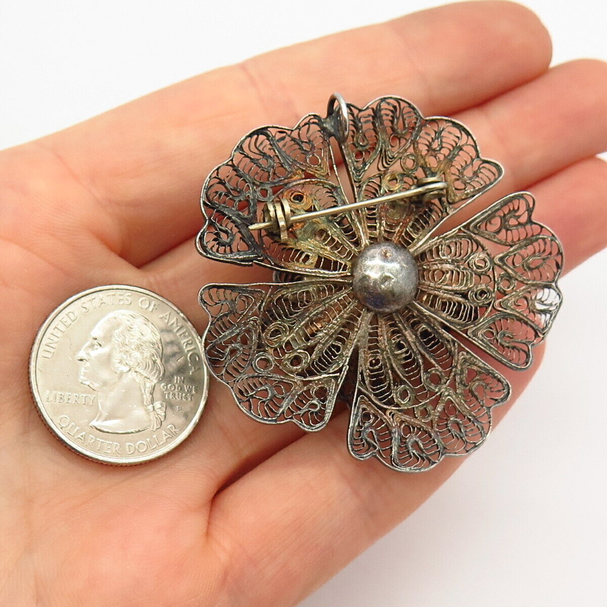 900 Silver Vintage Filigree Floral Design Pin Brooch / Pendant