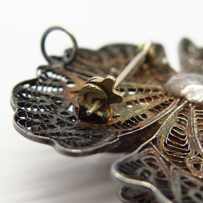 900 Silver Vintage Filigree Floral Design Pin Brooch / Pendant