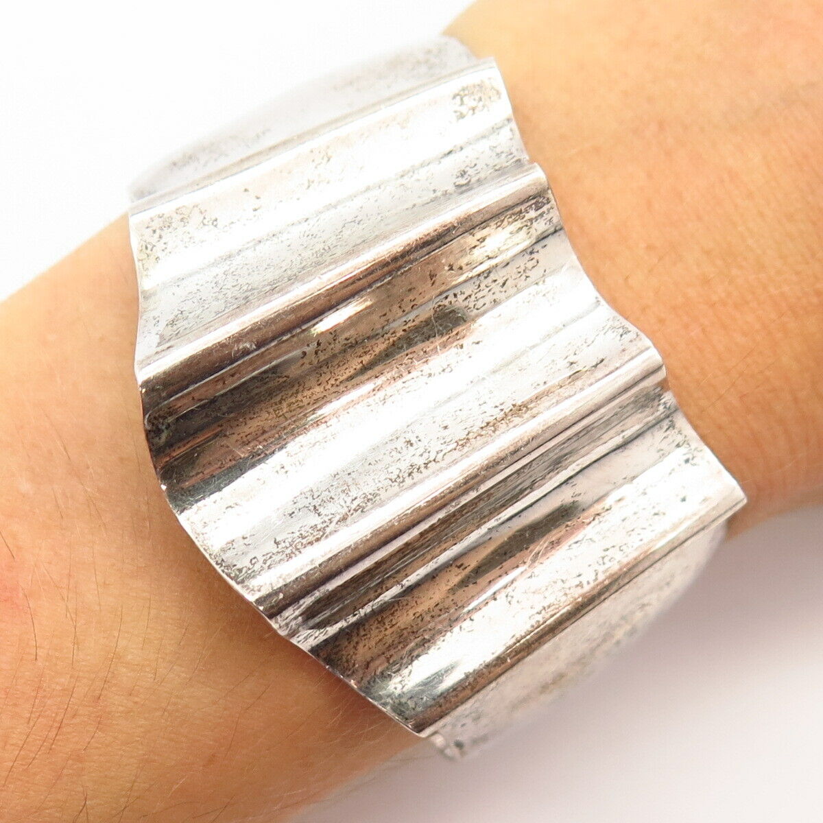 925 Sterling Silver Vintage Mexico Ribbed Statement Wide Cuff Bracelet 6.5"