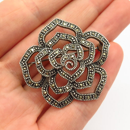 925 Sterling Silver Real Marcasite Gemstone Floral Design Pin Brooch