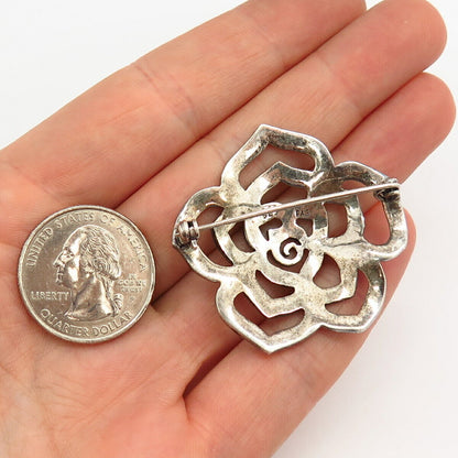 925 Sterling Silver Real Marcasite Gemstone Floral Design Pin Brooch