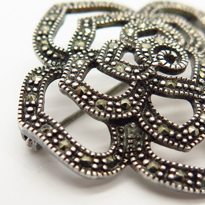 925 Sterling Silver Real Marcasite Gemstone Floral Design Pin Brooch