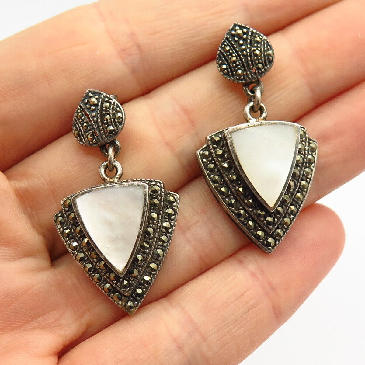 925 Sterling Silver Real Marcasite Gem & Mother-of-Pearl Dangling Earrings