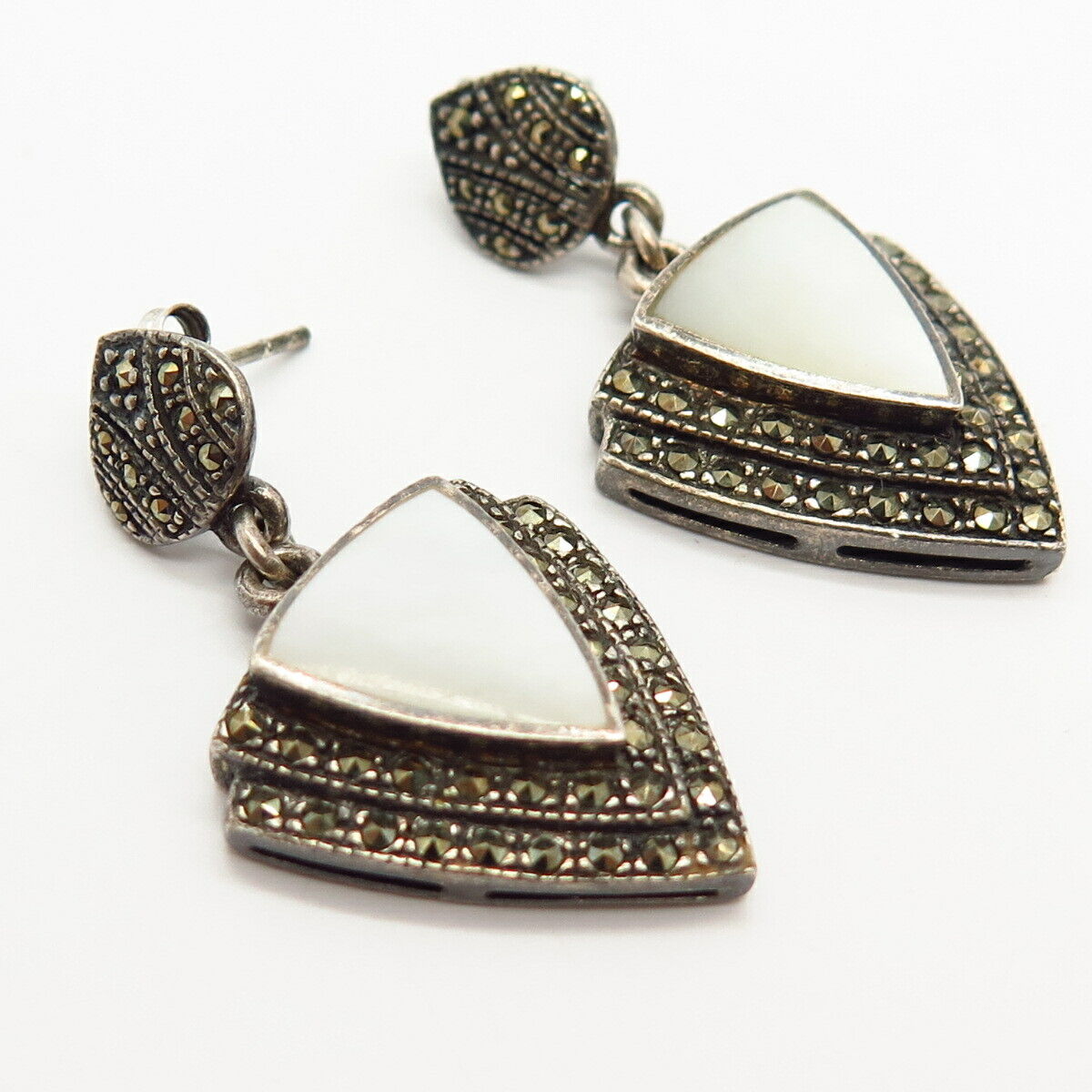 925 Sterling Silver Real Marcasite Gem & Mother-of-Pearl Dangling Earrings