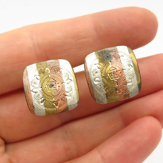 925 Sterling Silver 3-Tone Vintage Mexico Etched Tribal Design Cufflinks