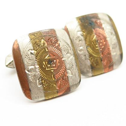 925 Sterling Silver 3-Tone Vintage Mexico Etched Tribal Design Cufflinks