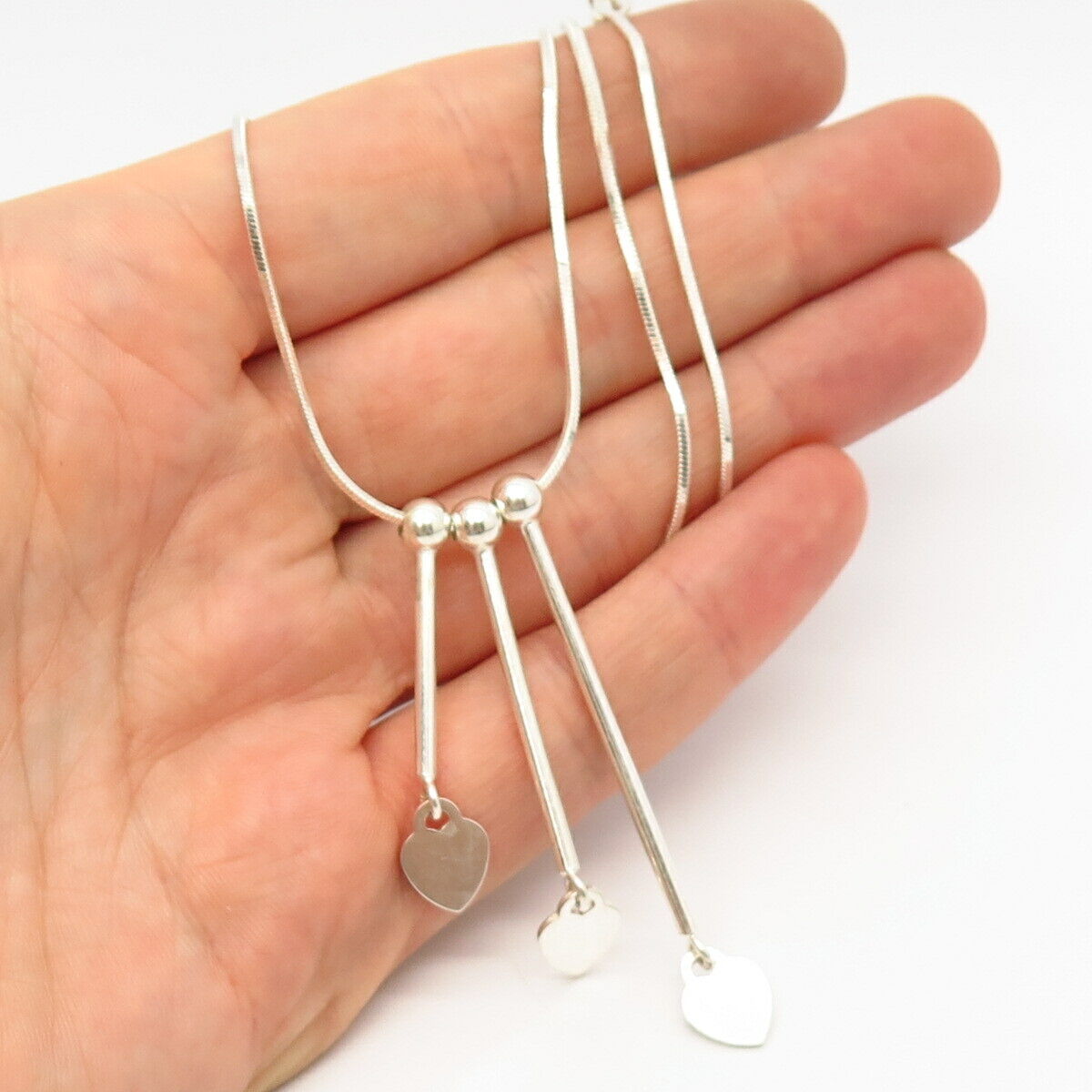 925 Sterling Silver Italy Heart & Bar Square Herringbone Chain Necklace 16"