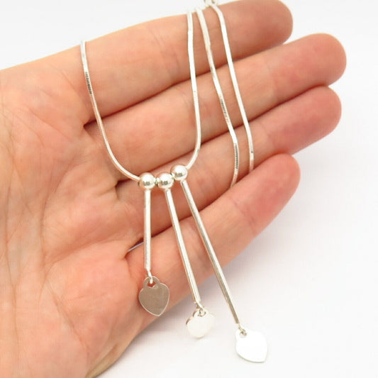 925 Sterling Silver Italy Heart & Bar Square Herringbone Chain Necklace 16"