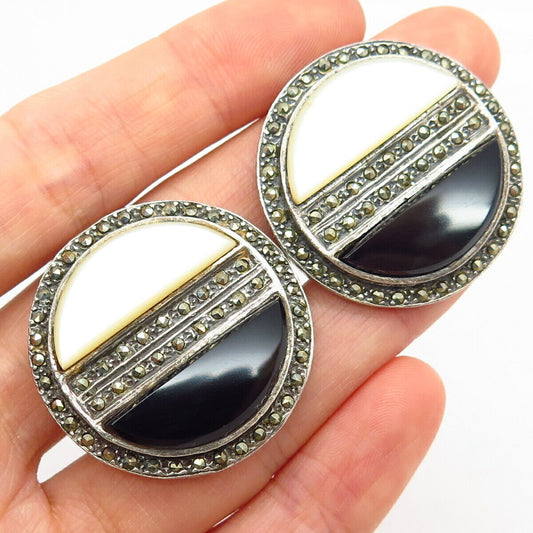 925 Sterling Silver Black Onyx & Marcasite Gem Mother-of-Pearl Clip On Earrings